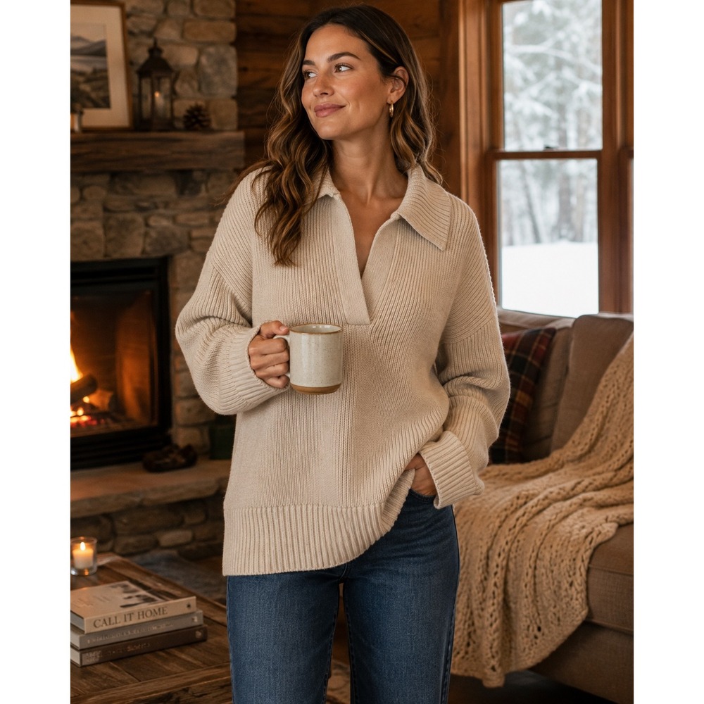 Abercrombie & Fitch Womens Ribbed Oversized Polo Sweater XL Beige Oat Ski Lodge